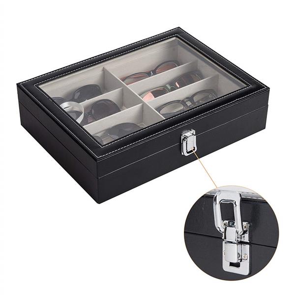 8 slots Leather Sunglasses Organizer for Women Men Eyeglasses Eyewear Display Case Sunglass Glasses Storage Holder Box Sunglasses Collection Case with 8 Slots Black