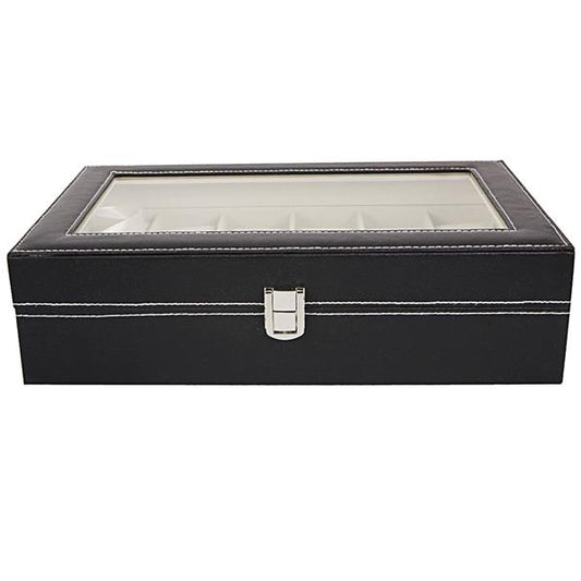Home 12 Compartments Luxury Watch Collection Style Leather Storage Black Case