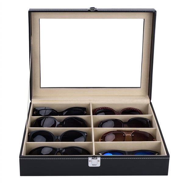 8 slots Leather Sunglasses Organizer for Women Men Eyeglasses Eyewear Display Case Sunglass Glasses Storage Holder Box Sunglasses Collection Case with 8 Slots Black