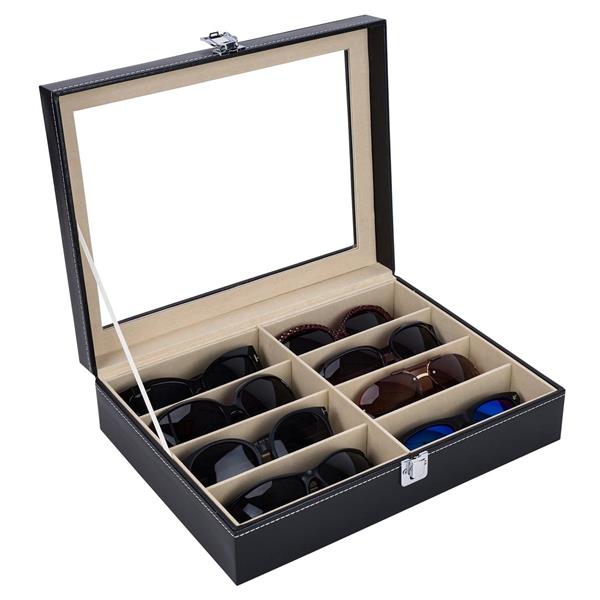 8 slots Leather Sunglasses Organizer for Women Men Eyeglasses Eyewear Display Case Sunglass Glasses Storage Holder Box Sunglasses Collection Case with 8 Slots Black