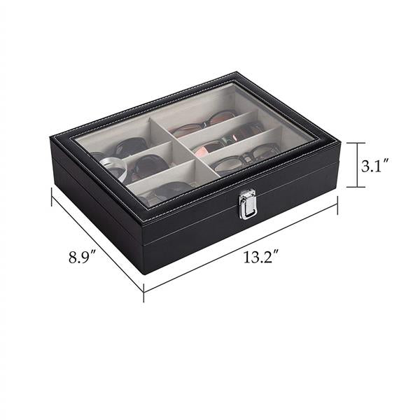 8 slots Leather Sunglasses Organizer for Women Men Eyeglasses Eyewear Display Case Sunglass Glasses Storage Holder Box Sunglasses Collection Case with 8 Slots Black