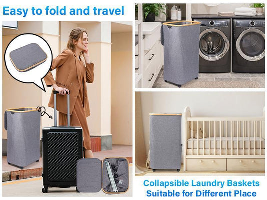 100L Large Capacity Bamboo Handle Waterproof Compact Laundry Basket With Wheels, Easy To Sort And Transport Laundry