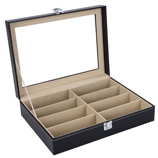 8 slots Leather Sunglasses Organizer for Women Men Eyeglasses Eyewear Display Case Sunglass Glasses Storage Holder Box Sunglasses Collection Case with 8 Slots Black