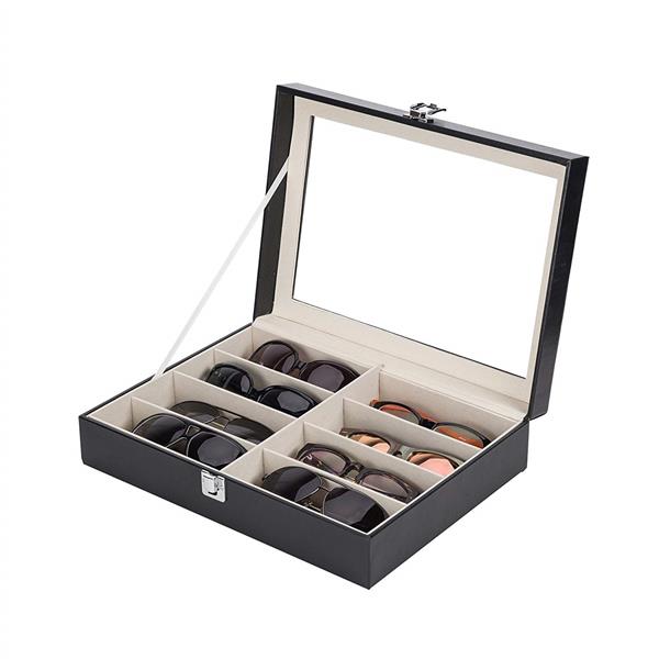 8 slots Leather Sunglasses Organizer for Women Men Eyeglasses Eyewear Display Case Sunglass Glasses Storage Holder Box Sunglasses Collection Case with 8 Slots Black