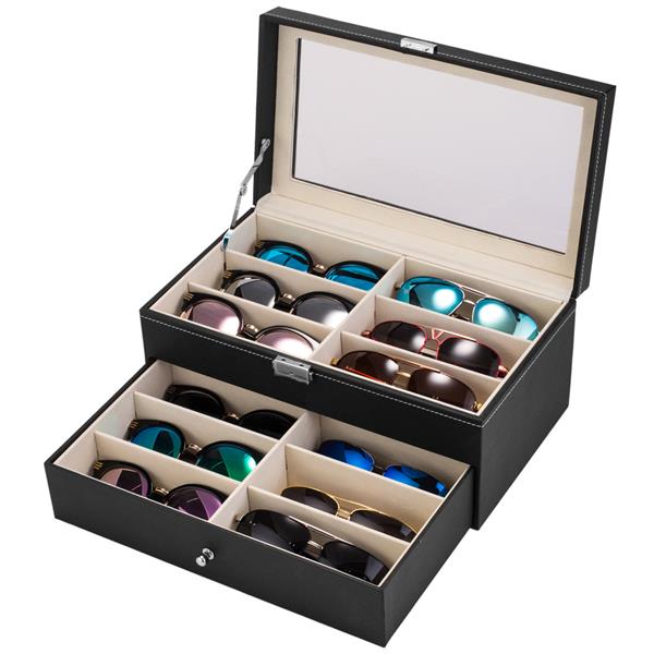 12 slots Leather Sunglass Storage and Eyeglasses Display Drawer Lockable Case OrganizerBlack