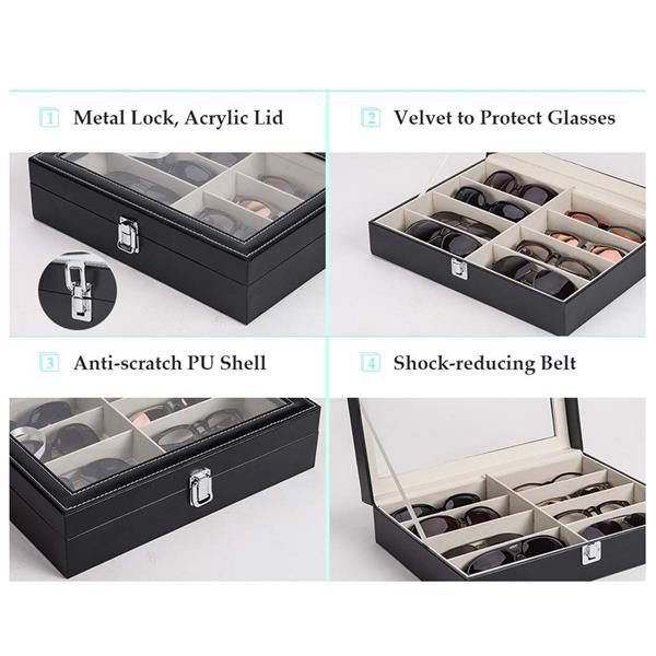 8 slots Leather Sunglasses Organizer for Women Men Eyeglasses Eyewear Display Case Sunglass Glasses Storage Holder Box Sunglasses Collection Case with 8 Slots Black