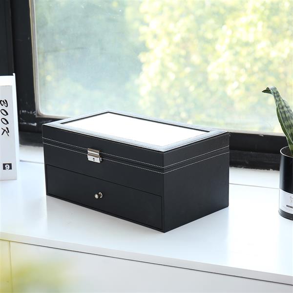 12 slots Leather Sunglass Storage and Eyeglasses Display Drawer Lockable Case OrganizerBlack