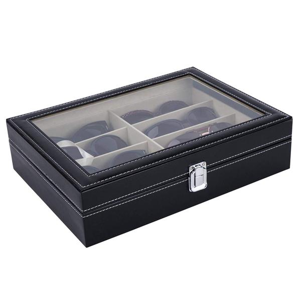 8 slots Leather Sunglasses Organizer for Women Men Eyeglasses Eyewear Display Case Sunglass Glasses Storage Holder Box Sunglasses Collection Case with 8 Slots Black