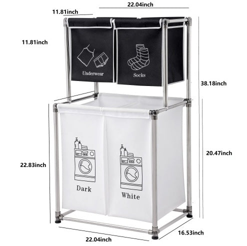 Homes Laundry Hamper 2 Tier Laundry Sorter With 4 Removable Bags For Organizing Clothes, Laundry, Lights, Darks