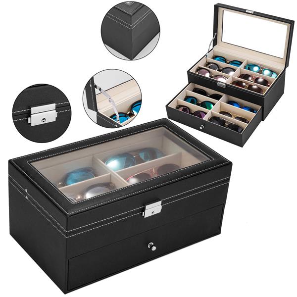12 slots Leather Sunglass Storage and Eyeglasses Display Drawer Lockable Case OrganizerBlack