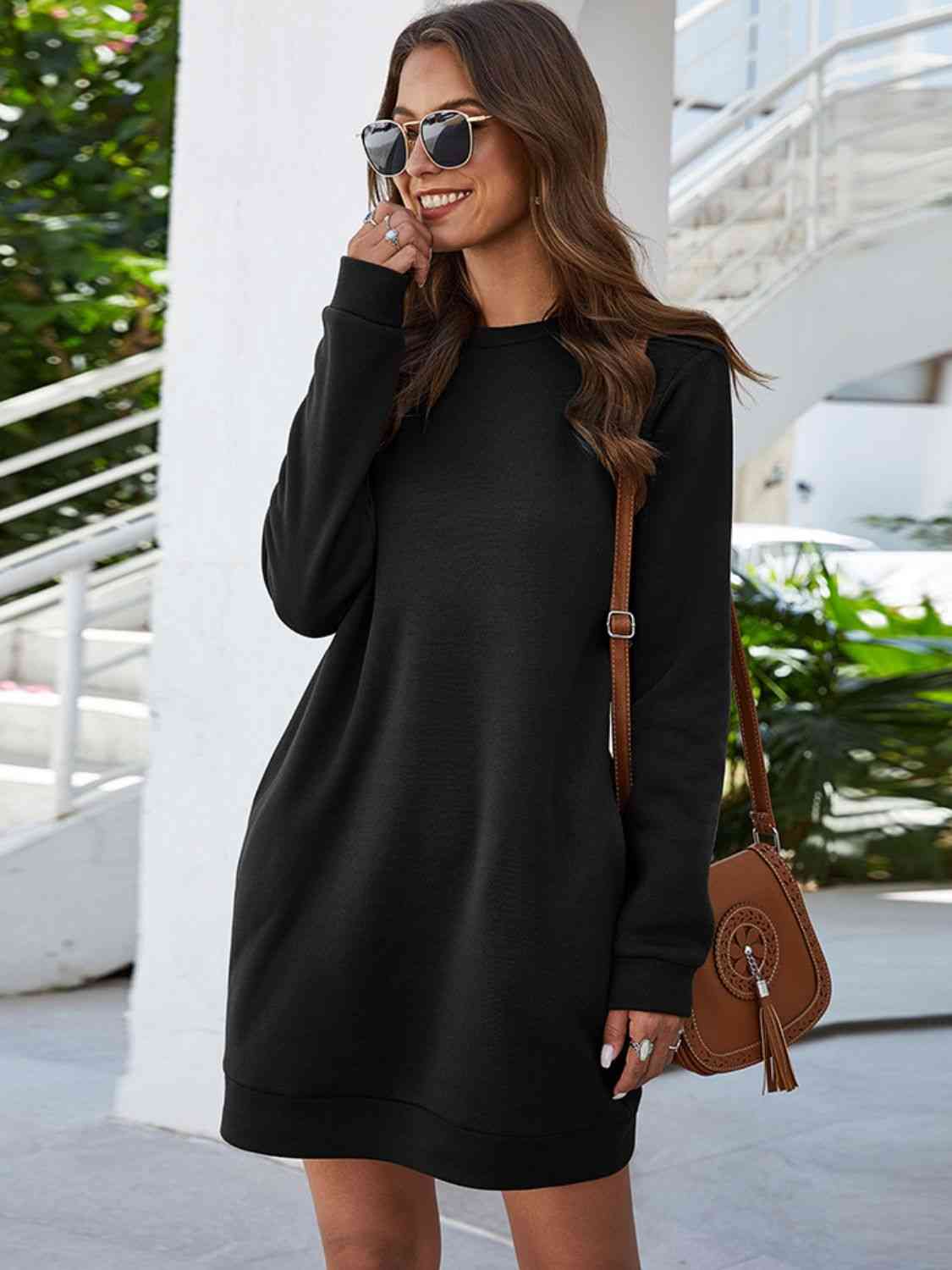 Ladies Freestyle Round Neck Long Sleeve Mini Dress with Pockets