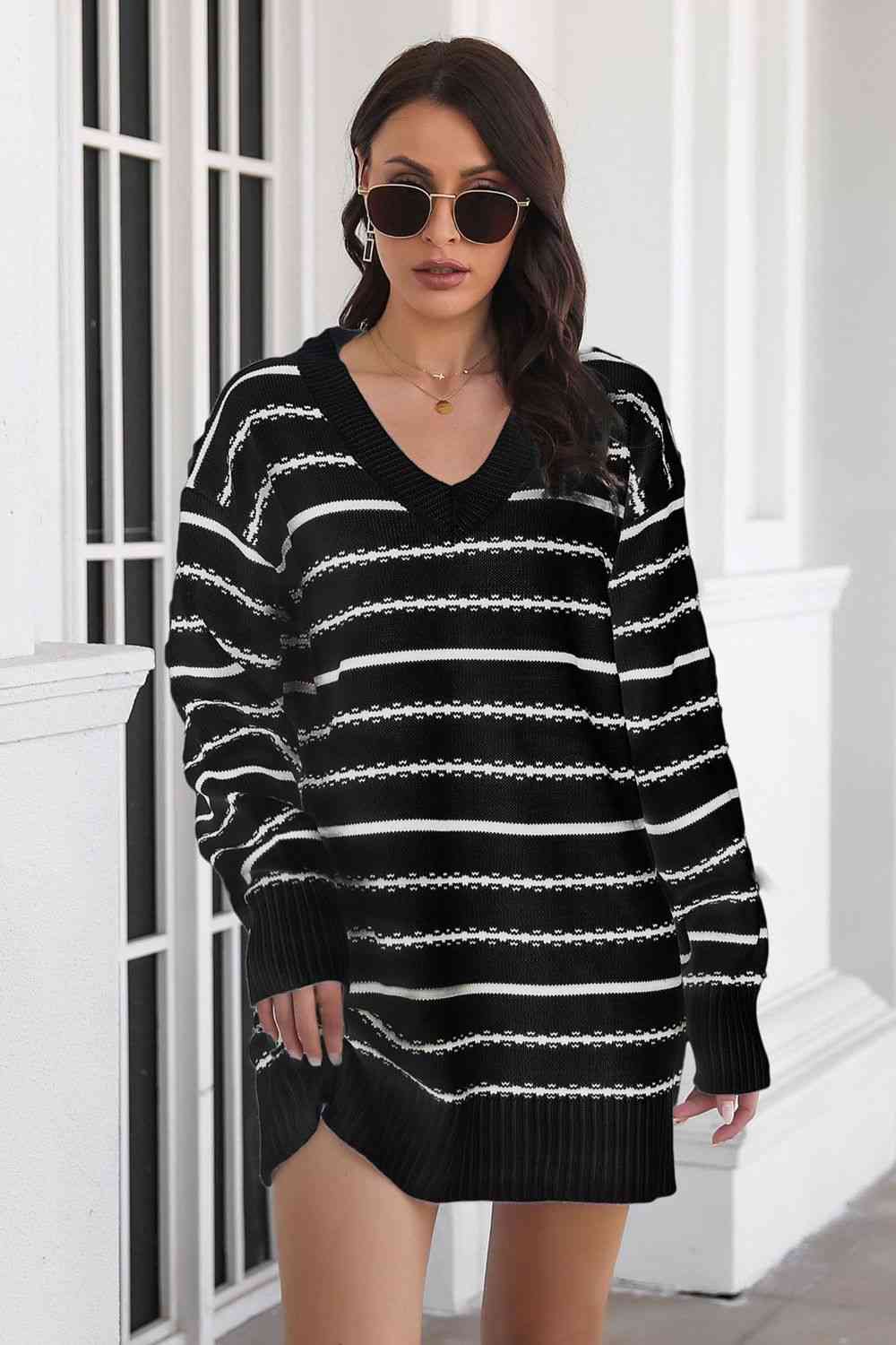 Ladies Sweater Dress Striped V-Neck