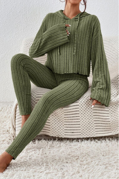 Nightwear Hem Dropped Shoulder Hooded Top and Pants Set