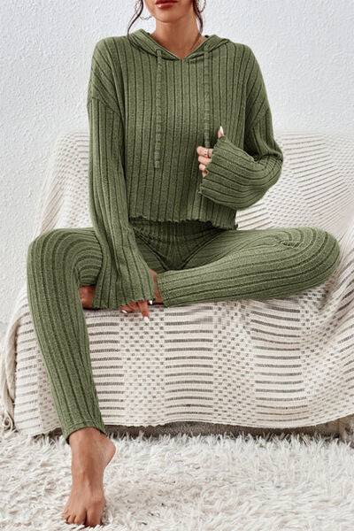 Nightwear Hem Dropped Shoulder Hooded Top and Pants Set