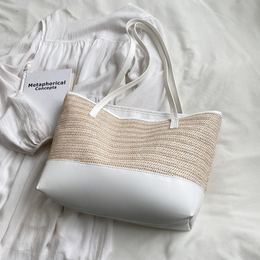 Ladies Bag Straw Weave Leather Strap Tote Bag