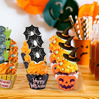 48 Pcs Halloween Cupcake Decoration Set Zombie Hand Witch Hat Spider Web Tombstones Design Cupcake Picks 3 Styles Happy Halloween Cupcake Wrappers