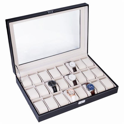 Home 24 Compartments Luxury Watch Collection Style Leather Storage Black Case