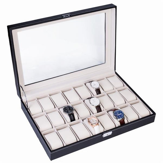 Home 24 Compartments Luxury Watch Collection Style Leather Storage Black Case