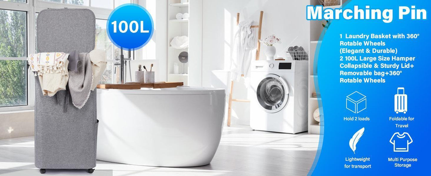 100L Large Capacity Bamboo Handle Waterproof Compact Laundry Basket With Wheels, Easy To Sort And Transport Laundry