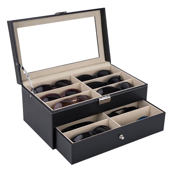 12 slots Leather Sunglass Storage and Eyeglasses Display Drawer Lockable Case OrganizerBlack