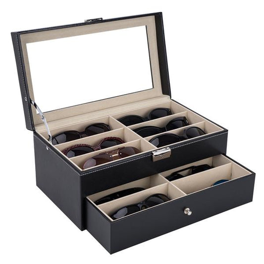 12 slots Leather Sunglass Storage and Eyeglasses Display Drawer Lockable Case OrganizerBlack