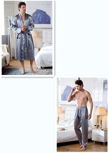 Men's Robes Home Wear Mid-length Cardigan Simulation Silk Nightwear