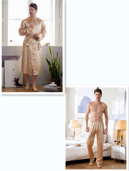 Men's Robes Home Wear Mid-length Cardigan Simulation Silk Nightwear