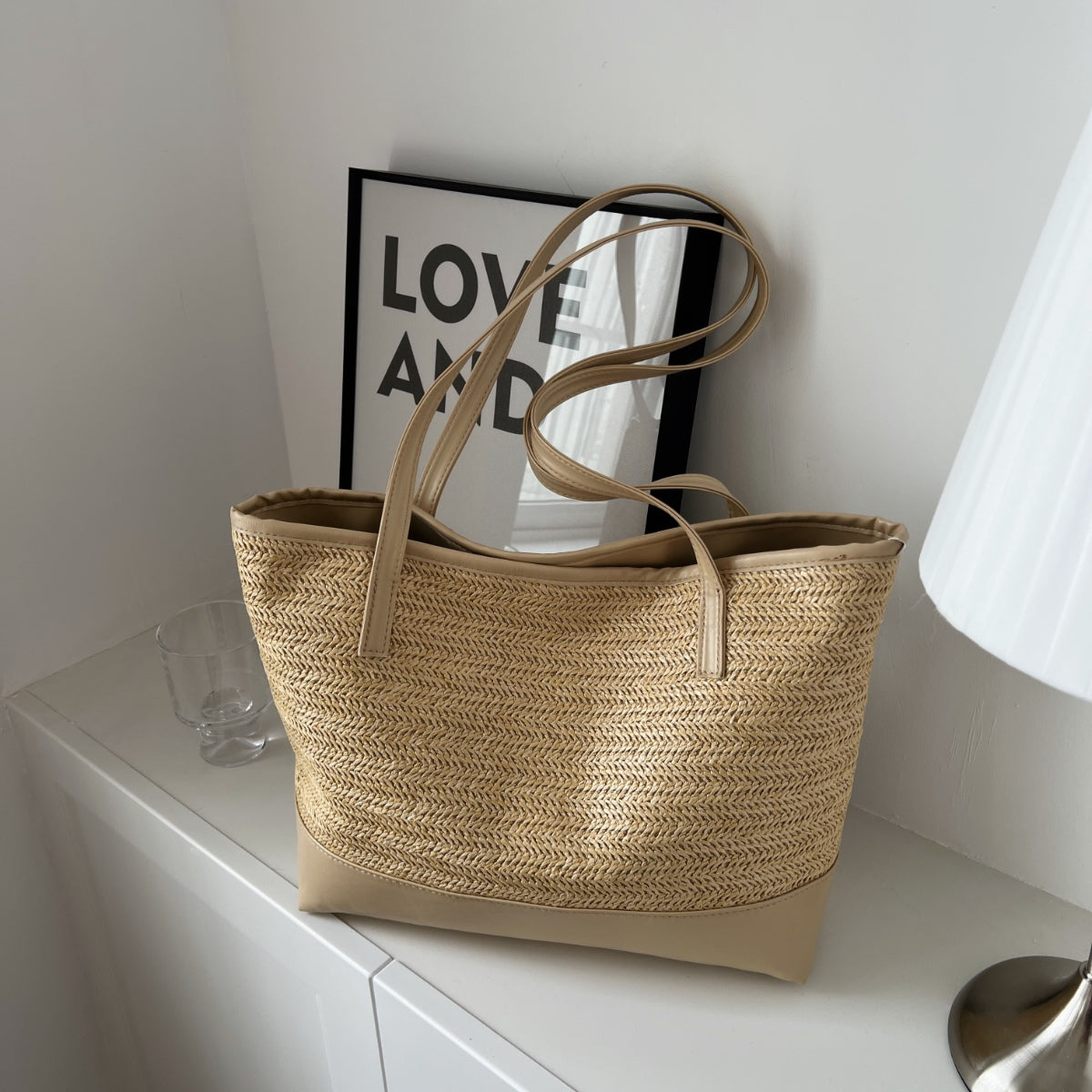 Ladies Bag Straw Weave Leather Strap Tote Bag