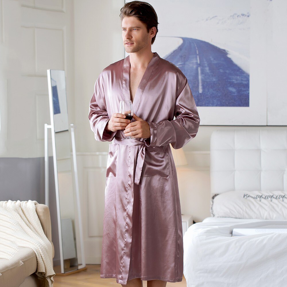 Men's Robes Home Wear Mid-length Cardigan Simulation Silk Nightwear