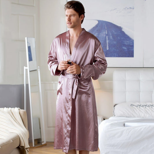 Men's Robes Home Wear Mid-length Cardigan Simulation Silk Nightwear