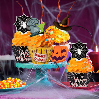 48 Pcs Halloween Cupcake Decoration Set Zombie Hand Witch Hat Spider Web Tombstones Design Cupcake Picks 3 Styles Happy Halloween Cupcake Wrappers