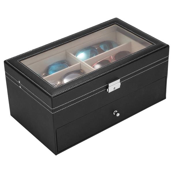 12 slots Leather Sunglass Storage and Eyeglasses Display Drawer Lockable Case OrganizerBlack