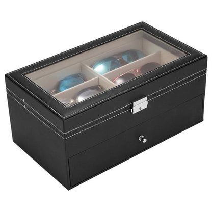 12 slots Leather Sunglass Storage and Eyeglasses Display Drawer Lockable Case OrganizerBlack
