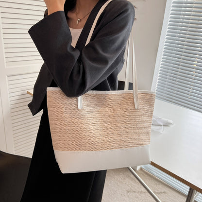 Ladies Bag Straw Weave Leather Strap Tote Bag