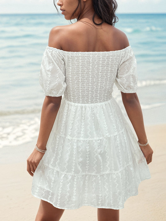 Ladies Dress Smocked Eyelet Off-Shoulder Mini Dress