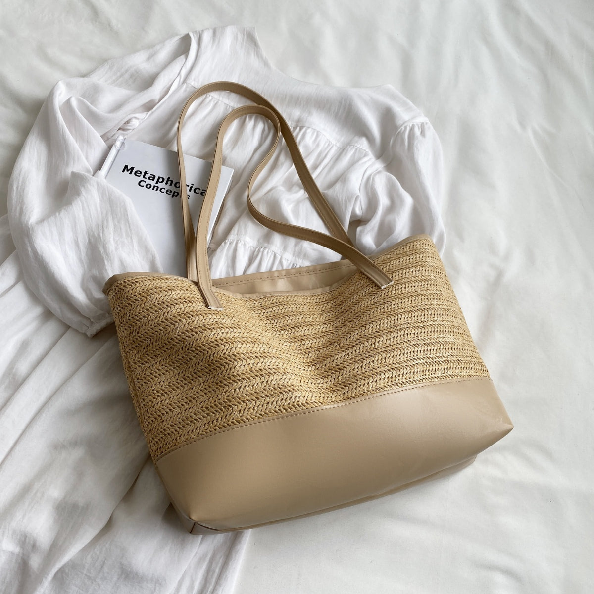 Ladies Bag Straw Weave Leather Strap Tote Bag