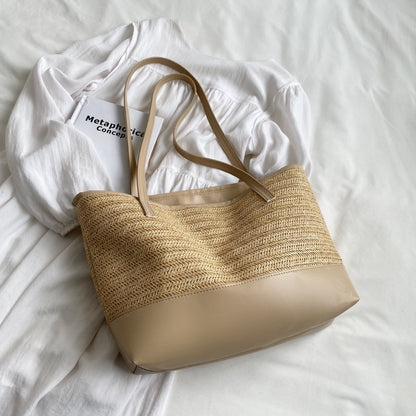 Ladies Bag Straw Weave Leather Strap Tote Bag