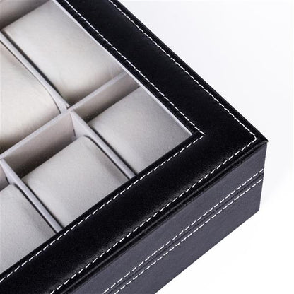 Home 12 Compartments Luxury Watch Collection Style Leather Storage Black Case