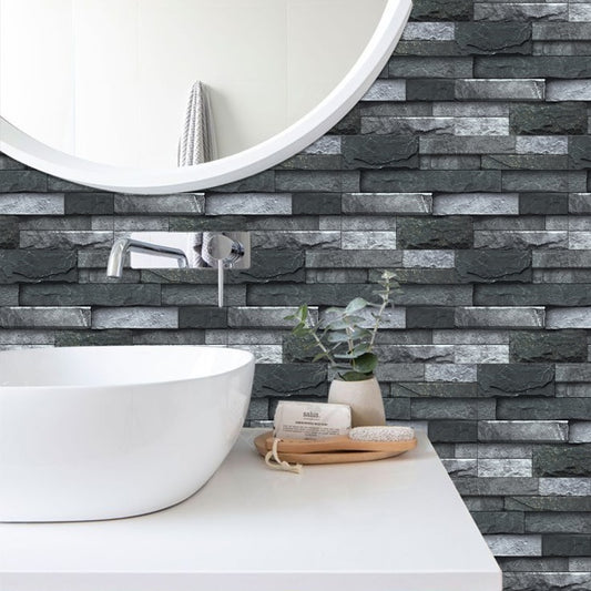 Wall Stickers Home Stone Brick Decoration Self-adhesive Wallpaper Suitable For Living Bathroom Kitchen Decorative Tiles, Waterproof And Oil-proof High Temperature Resistant -Black Grey