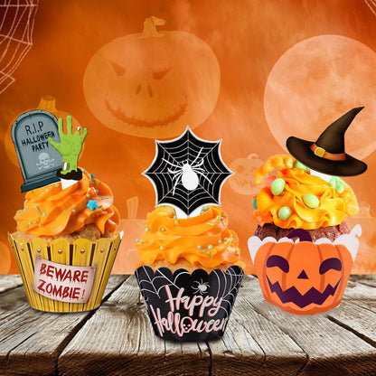 48 Pcs Halloween Cupcake Decoration Set Zombie Hand Witch Hat Spider Web Tombstones Design Cupcake Picks 3 Styles Happy Halloween Cupcake Wrappers