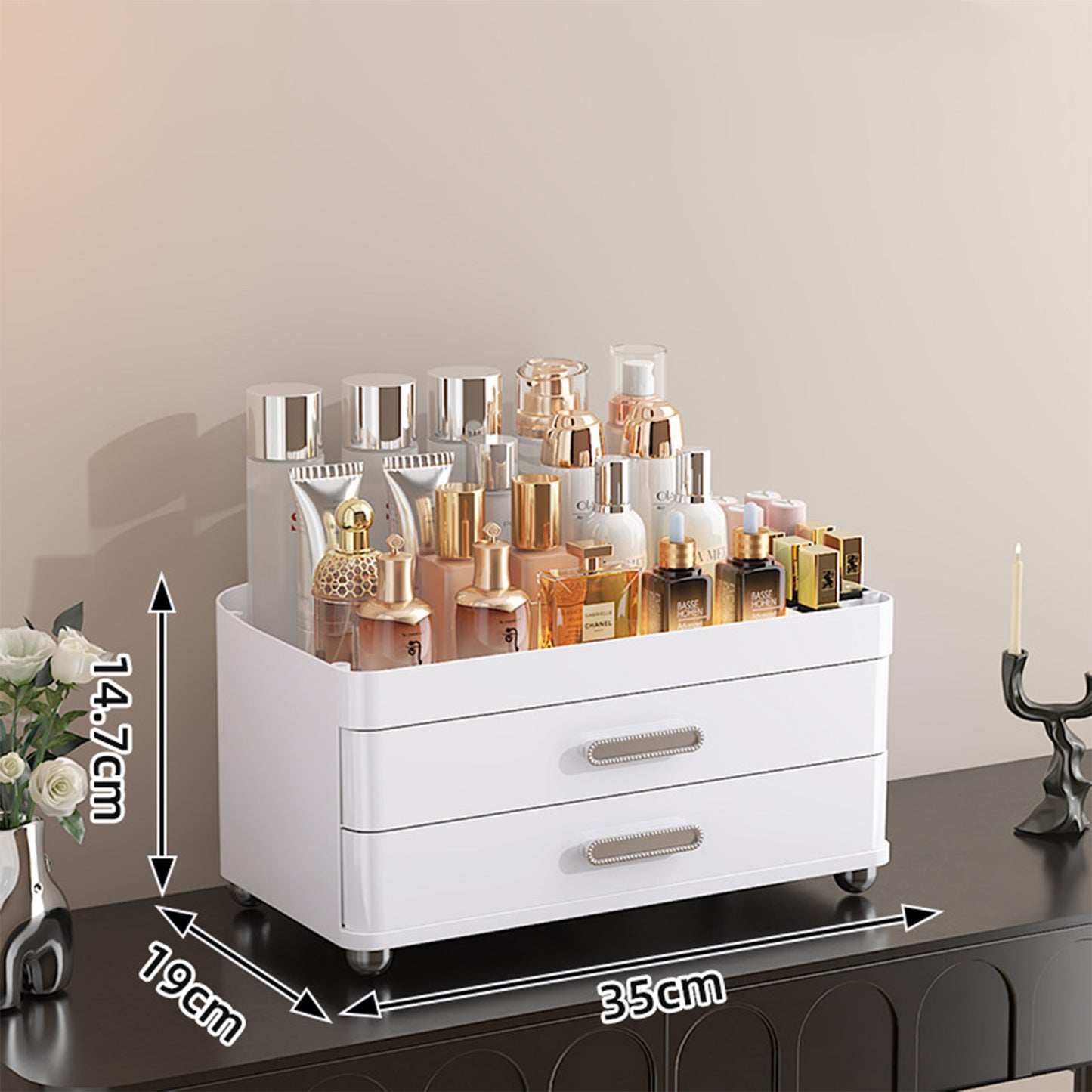 2 Drawers Makeup Organizer - 4 Tier Bathroom Organizers And Storage, Versatile Perfume Vanity Organizer, Ideal For Cosmetic, Large Skincare, Face Mask, Office Supplies