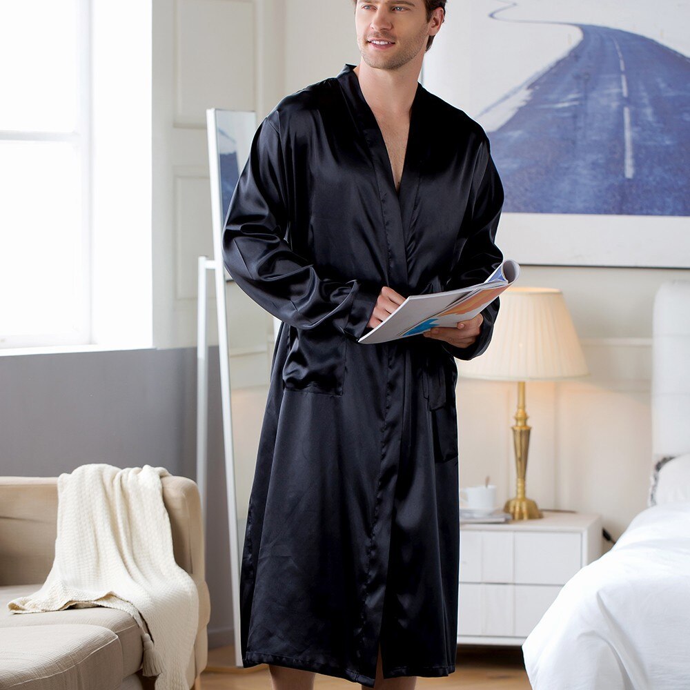 Men's Robes Home Wear Mid-length Cardigan Simulation Silk Nightwear