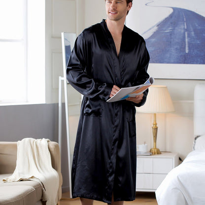 Men's Robes Home Wear Mid-length Cardigan Simulation Silk Nightwear