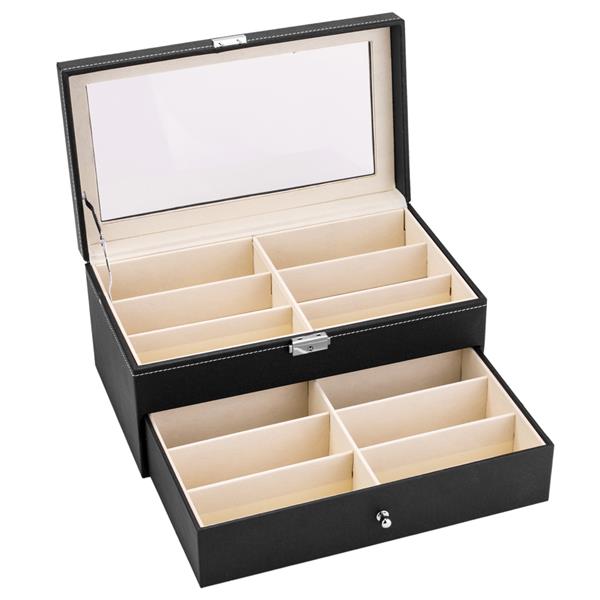 12 slots Leather Sunglass Storage and Eyeglasses Display Drawer Lockable Case OrganizerBlack