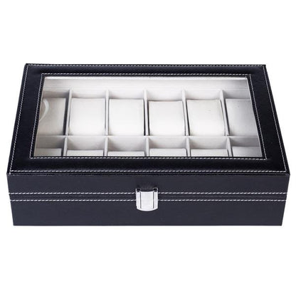 Home 12 Compartments Luxury Watch Collection Style Leather Storage Black Case