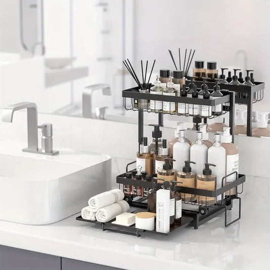 Homes Organizer 2 Tier Slide Out Under Sink Shelf Cabinet Storage Shelf Under Sink Storage For Kitchen Bathroom Metal L-Shape