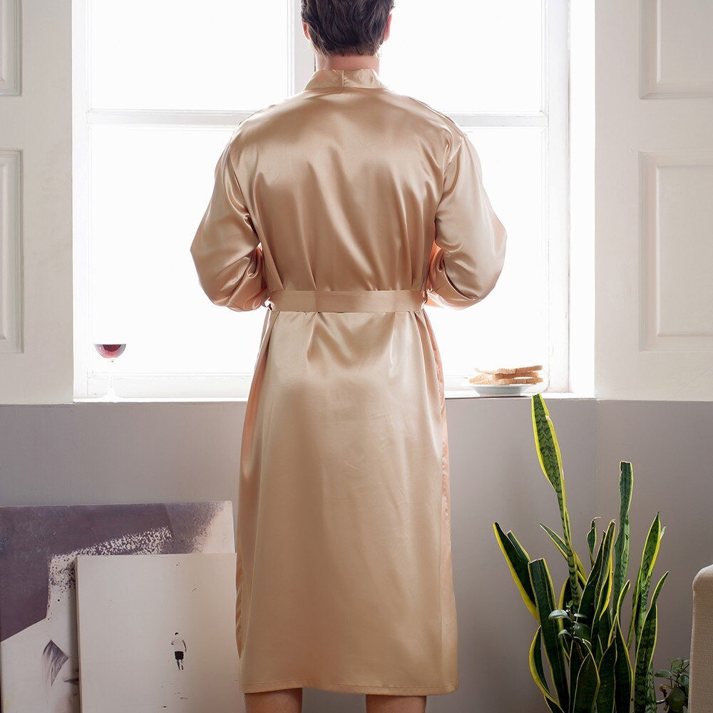 Men's Robes Home Wear Mid-length Cardigan Simulation Silk Nightwear