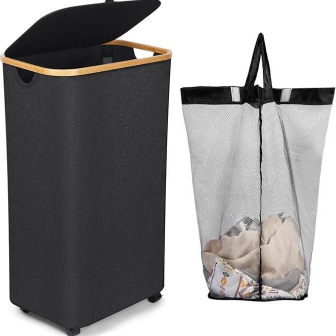 100L Large Capacity Bamboo Handle Waterproof Compact Laundry Basket With Wheels, Easy To Sort And Transport Laundry
