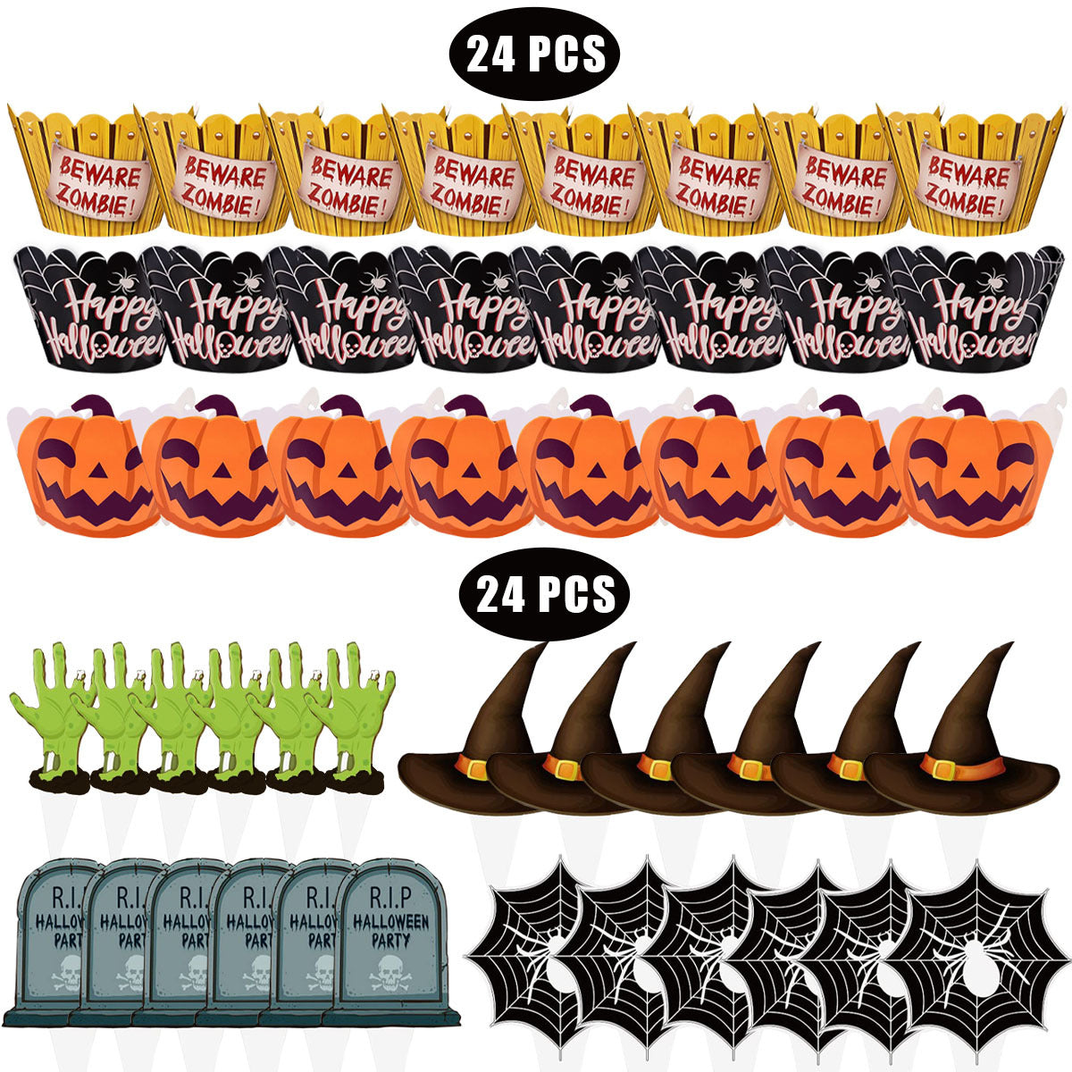 48 Pcs Halloween Cupcake Decoration Set Zombie Hand Witch Hat Spider Web Tombstones Design Cupcake Picks 3 Styles Happy Halloween Cupcake Wrappers