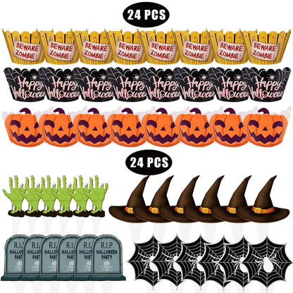 48 Pcs Halloween Cupcake Decoration Set Zombie Hand Witch Hat Spider Web Tombstones Design Cupcake Picks 3 Styles Happy Halloween Cupcake Wrappers